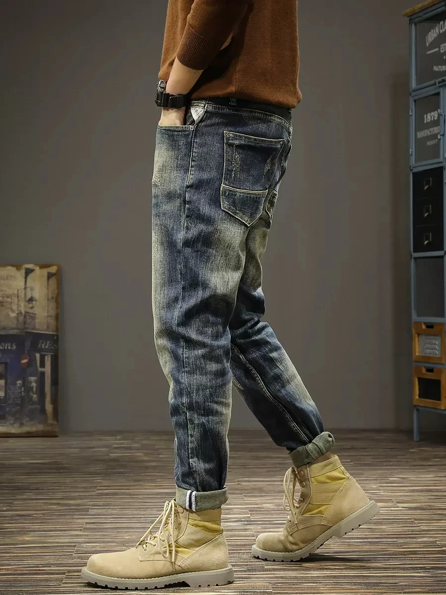 Fashion Designer Men Jeans Retro Black Blue Stretch Elastic Slim Fit Ripped Jeans Men Trousers Embroidery Vintage Pants Hombre