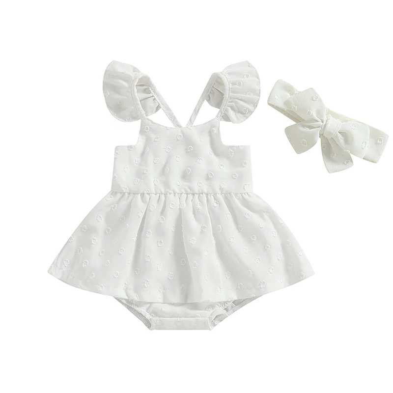 

Baby Girls Romper Set Fly Sleeve Crew Neck A-line Dress Bodysuit with Headband for Casual Daily
