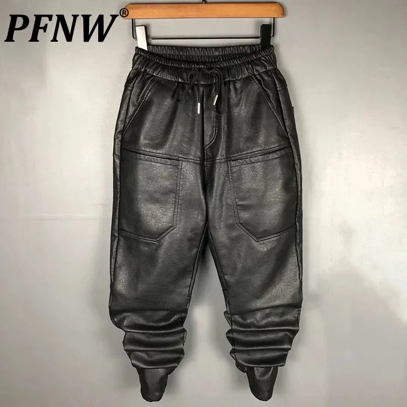 

PFNW Winter Autumn New Men's Thickened Casual Motorcycle PU Leather Pants Black Windproof Waterproof Warm Tide Trousers 12Z4325