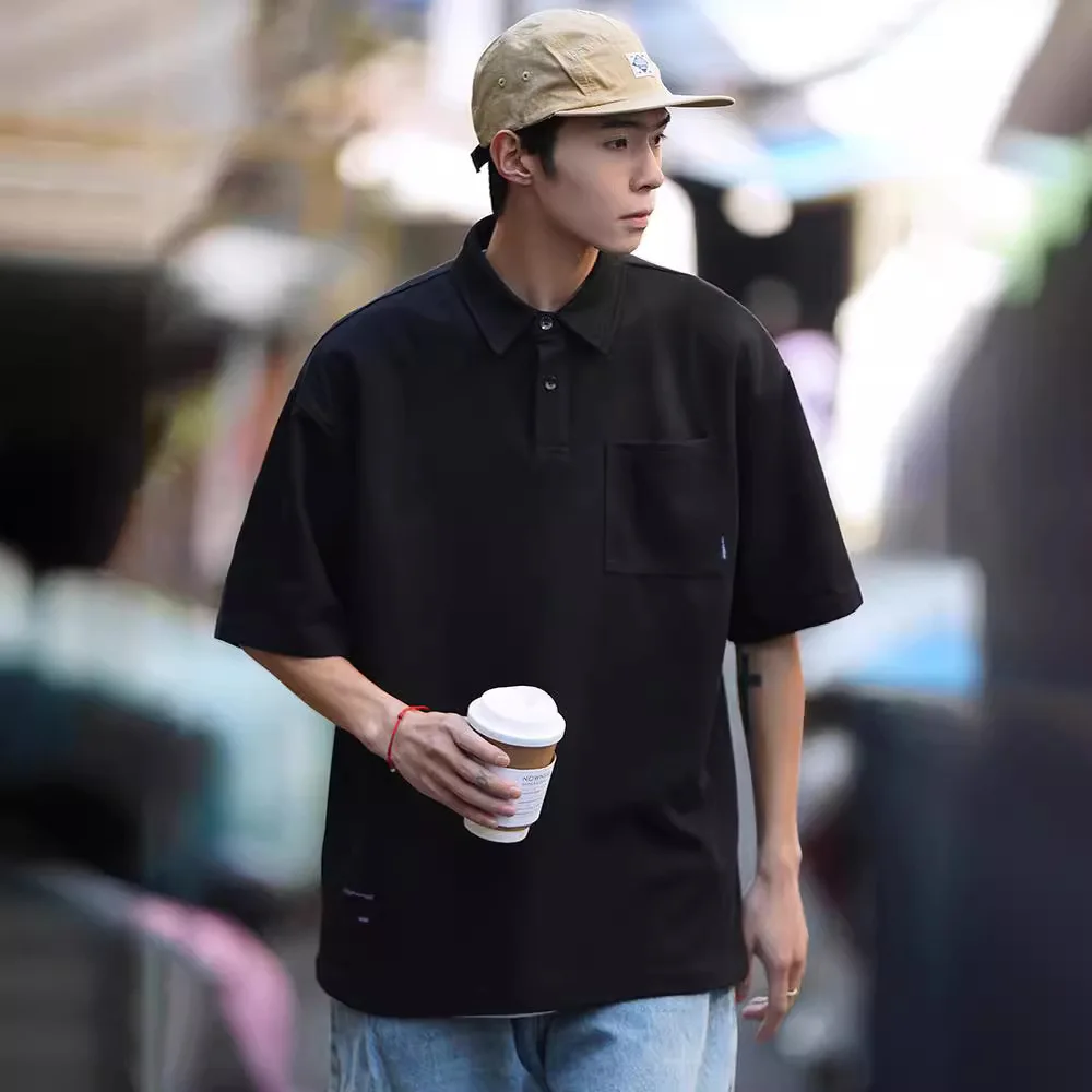Polo a maniche corte da uomo, tinta unita, con taschino, estivo, vestibilità ampia, con risvolto, t-shirt casual a mezza manica, top - immagine 4