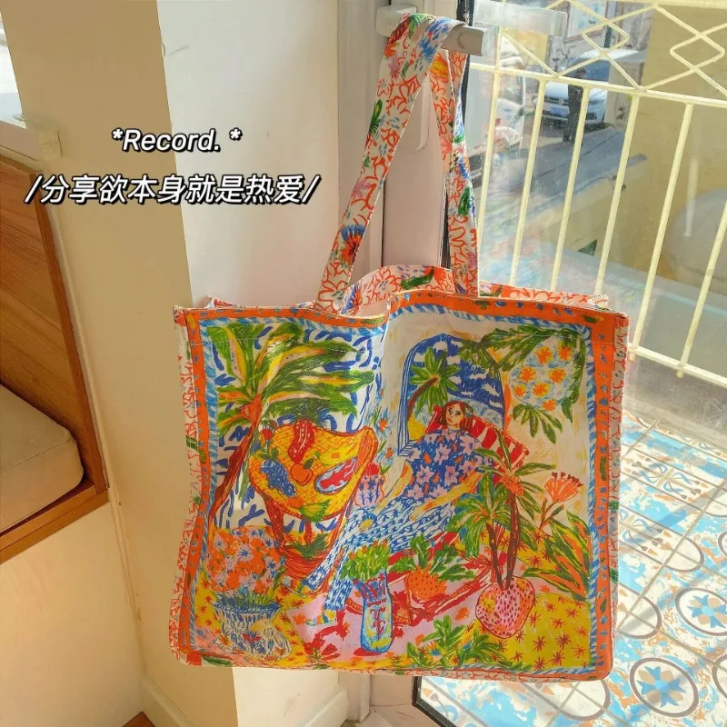 Shoulder Bags New Fashionable Large Capacity Floral Printing Retro Sense Printed Canvas Bag Daily Commute Work Leisure Shopping