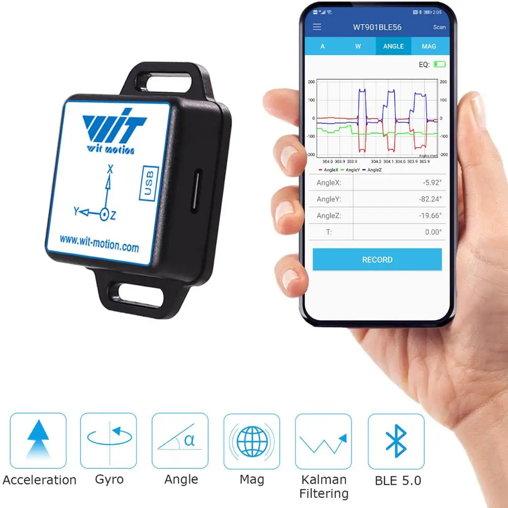 WitMotion WT901BLECL BLE 5.0 Low-consumption 3 Axis Accelerometer+Gyroscope+Magnetometer MPU9250 IOS/Android 50meters range 9 axis sensor