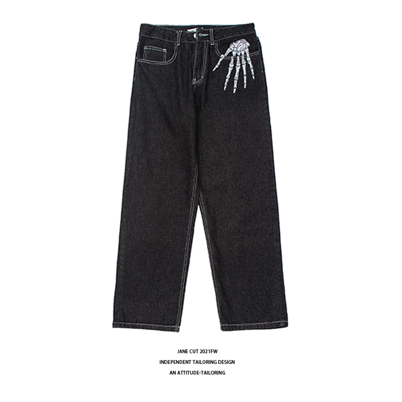 Jeans American Casual Printed Embroidered Skull Bones National Fashion High Street Hip Hop Loose Straight Wide Leg Mid HighWaist