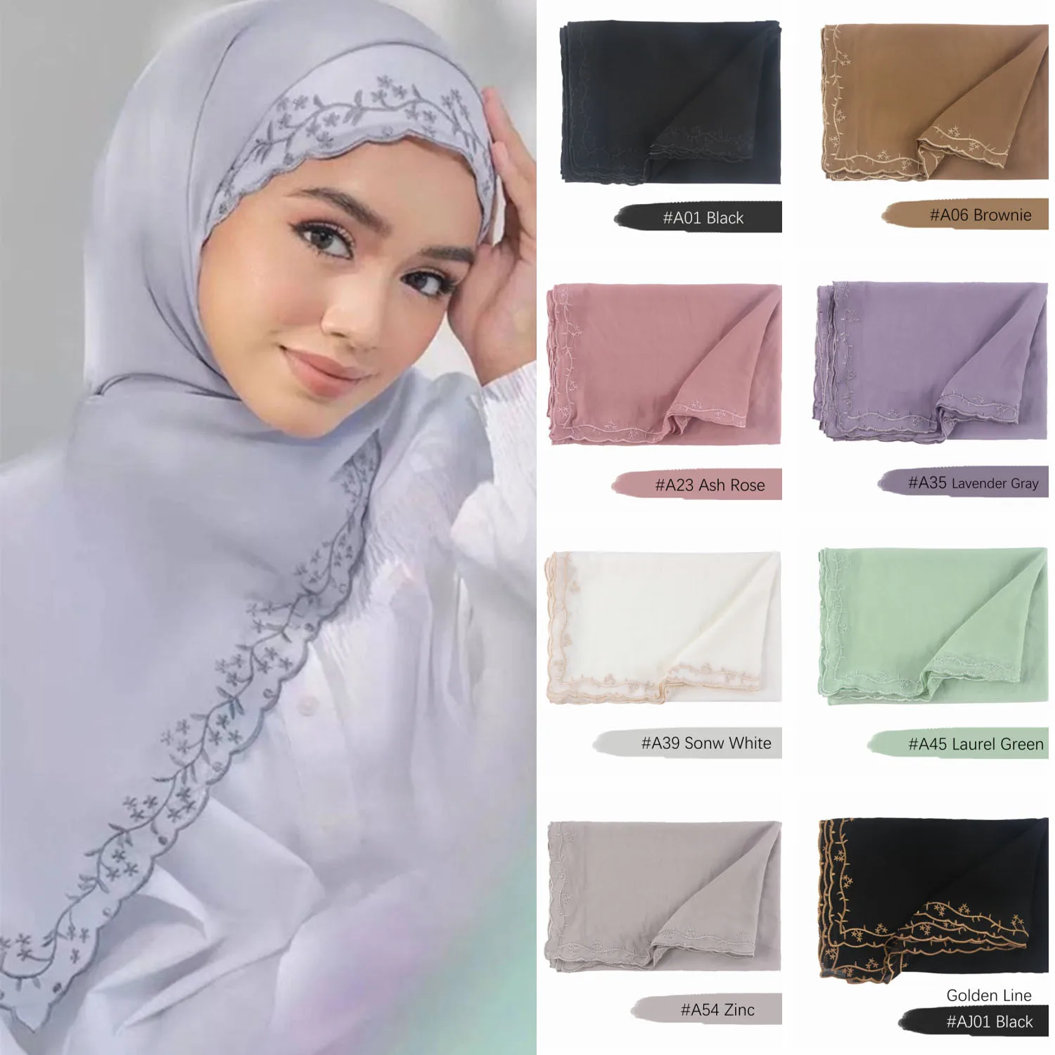 

High Quality Malaysia Women Islamic Shawls Muslim Hijabs Headscarf Bawal Tudung Embroidery Chiffon Hijab Scarf