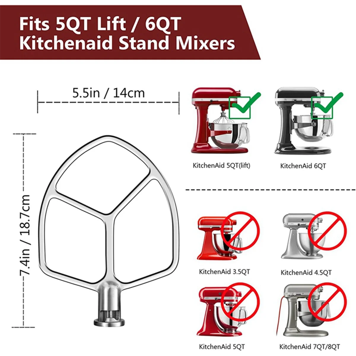 For KitchenAid 5QT-6QT Bowl Tilt-Head Stand Mixers Attachment Stainless Steel Flat Beater+ Spiral Dough Hook HOT