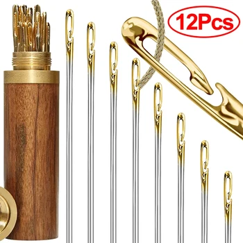 12Pcs/Set Blind Sewing Needles Elderly Big Hole Steel Self Threading Needles Hand Sewing Embroidery DIY Punch Needle Accessories