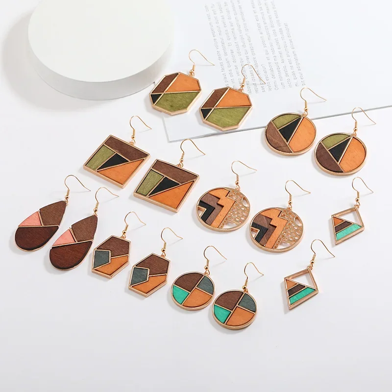 Alloy geometric wood panels contrasting wood earrings fashion commuting exaggerated earrings for women
