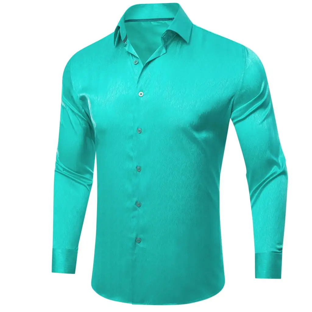 

Shirts for Men Silk Satin Green Turquoise Solid Plain Long Sleeve Slim Male Blouse Casual Formal Tops Breathable Barry Wang