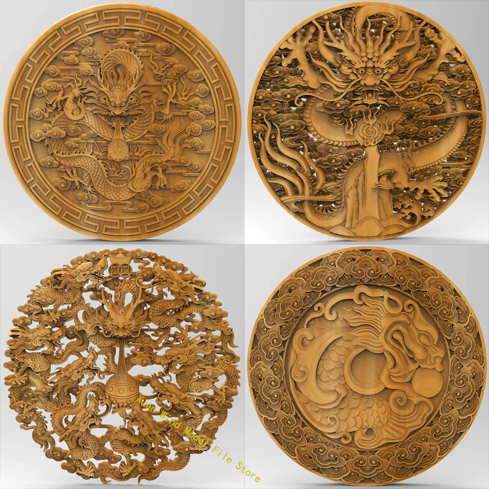 High Quality 4PCS Dragon Relief Circular Dragons STL Model for CNC Router 3D Printer Artcam Aspire Bas Relief