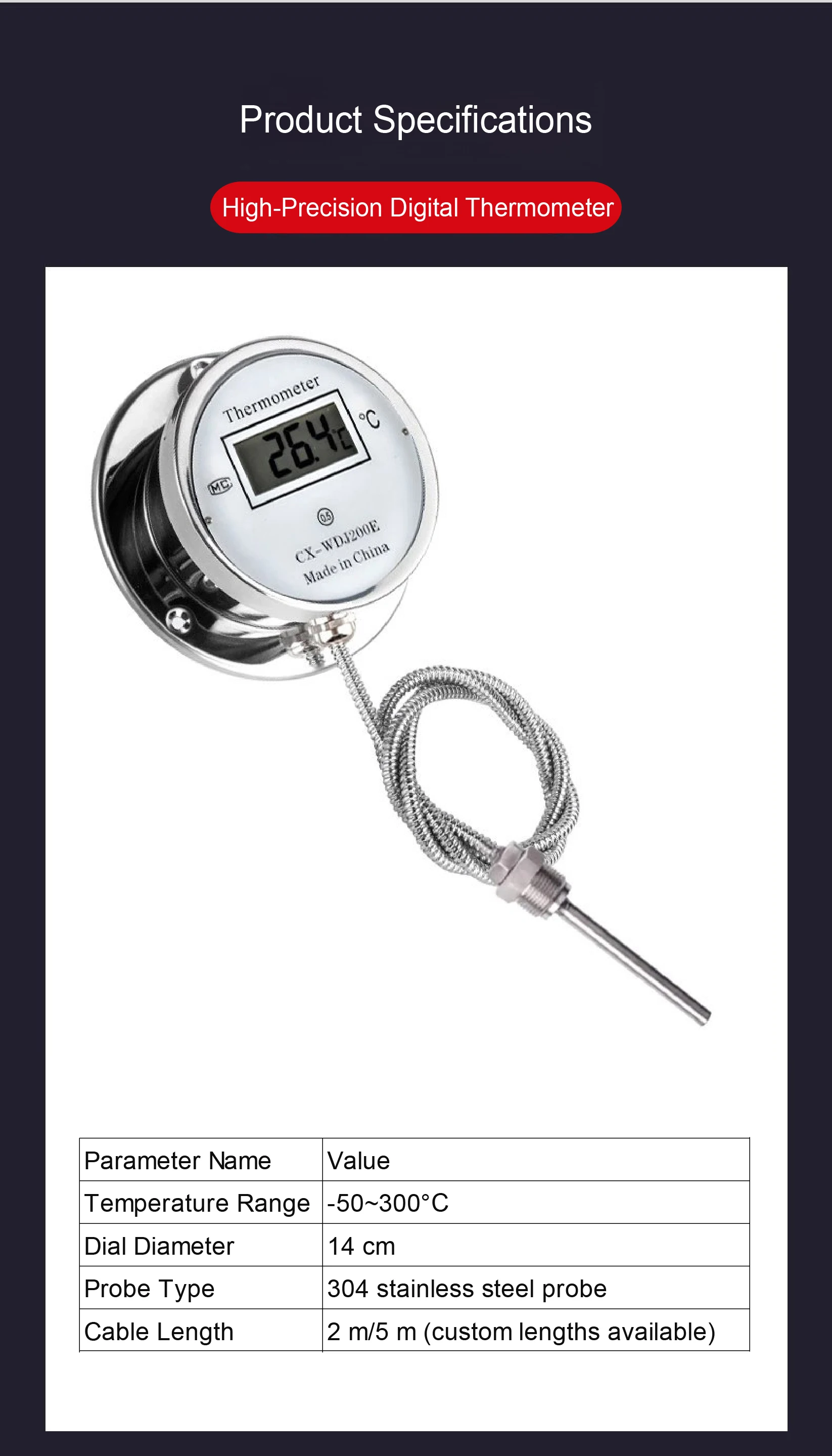 CX-WDJ200E Digital Display Thermometer High Precision Stainless Steel Probe Wate