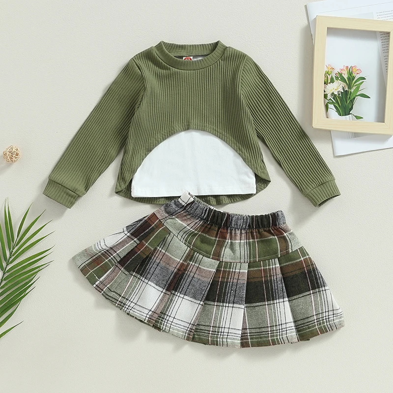 

2023-07-03 Lioraitiin 0-4Years Kids Girls Skirt Set Long Sleeve Crew Neck Patchwork T-shirt with Plaid A-line Skirt 2Pcs Outfit