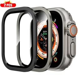 Premium Titanium Frame with Tempered Glass Screen Protector for Apple Watch Ultra 49mm - 2 Pack (Black 2 - Titanium 7)