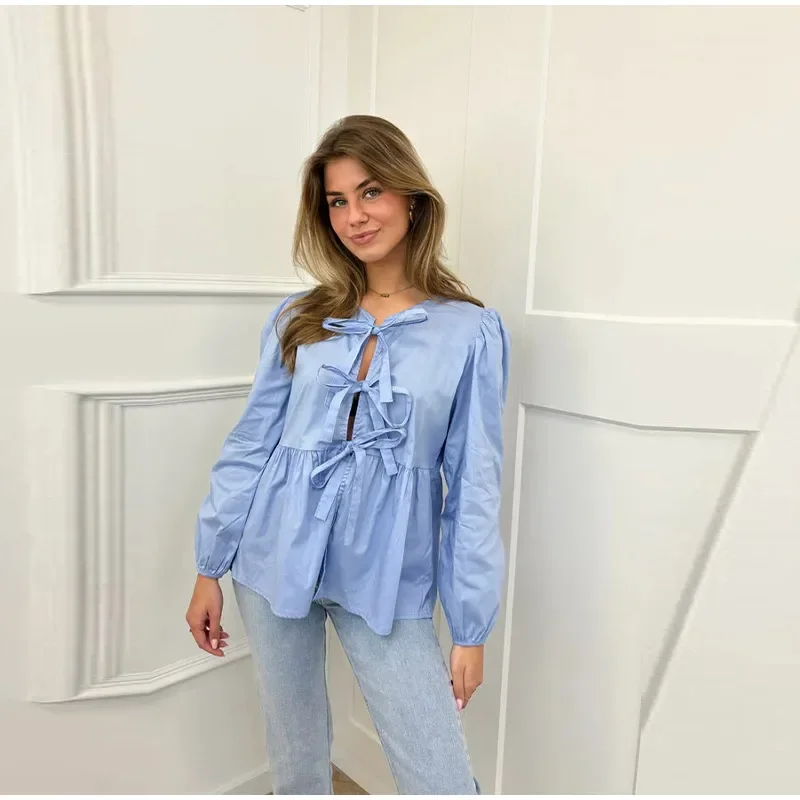 S9b884809742f42a49c48e1070217ac6b9 Fashion Leopard Print Bow Women Shirts Casual Long Sleeve O-neck Lace Up Blouses Spring Summer Retro Hollow Out Female Top Mallzona