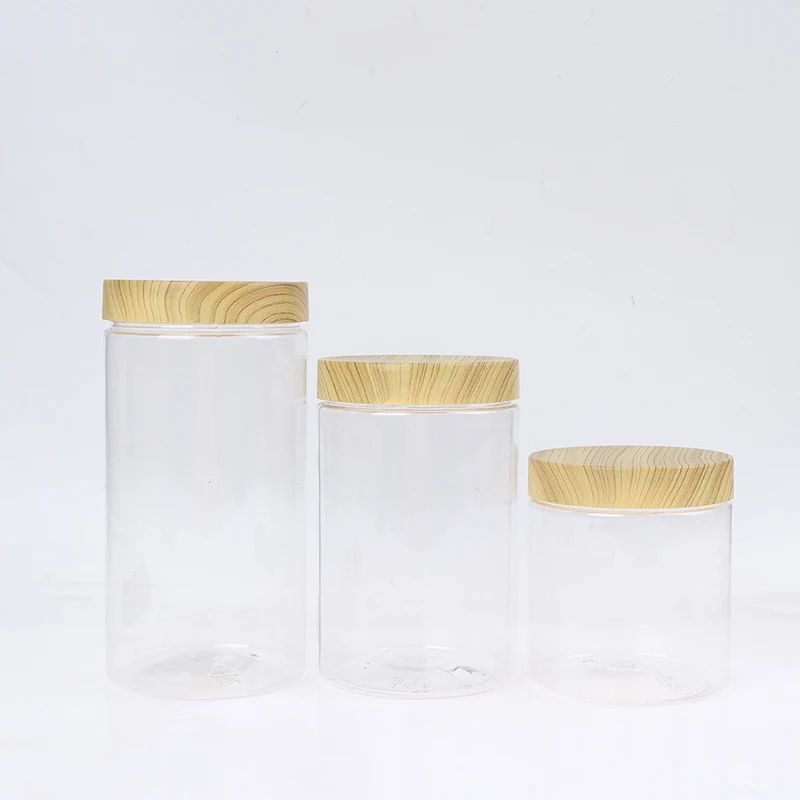 Empty Clear Jar Container With Plastic Imitation Wood Lid Plastic Storage Bottle plastic food containers