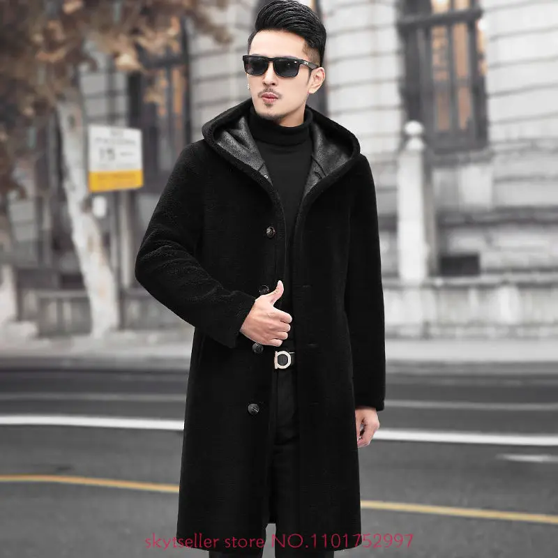 

Мужская Длинная шерстяная куртка, однобортная теплая куртка с капюшоном, из натурального меха овцы, Осень-зима 2022