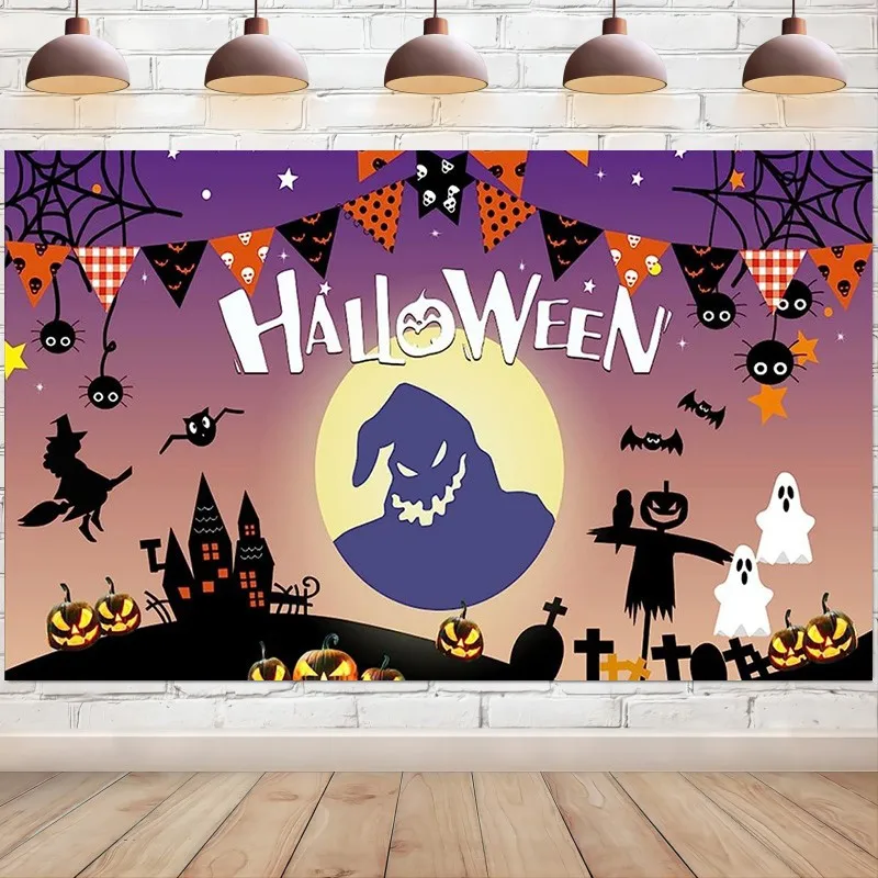 Halloween Photography Fondale Flag Pumpkin Moon Ghost Head Nightmare Purple Photo Background Decorazione Per Feste Puntelli Da Studio