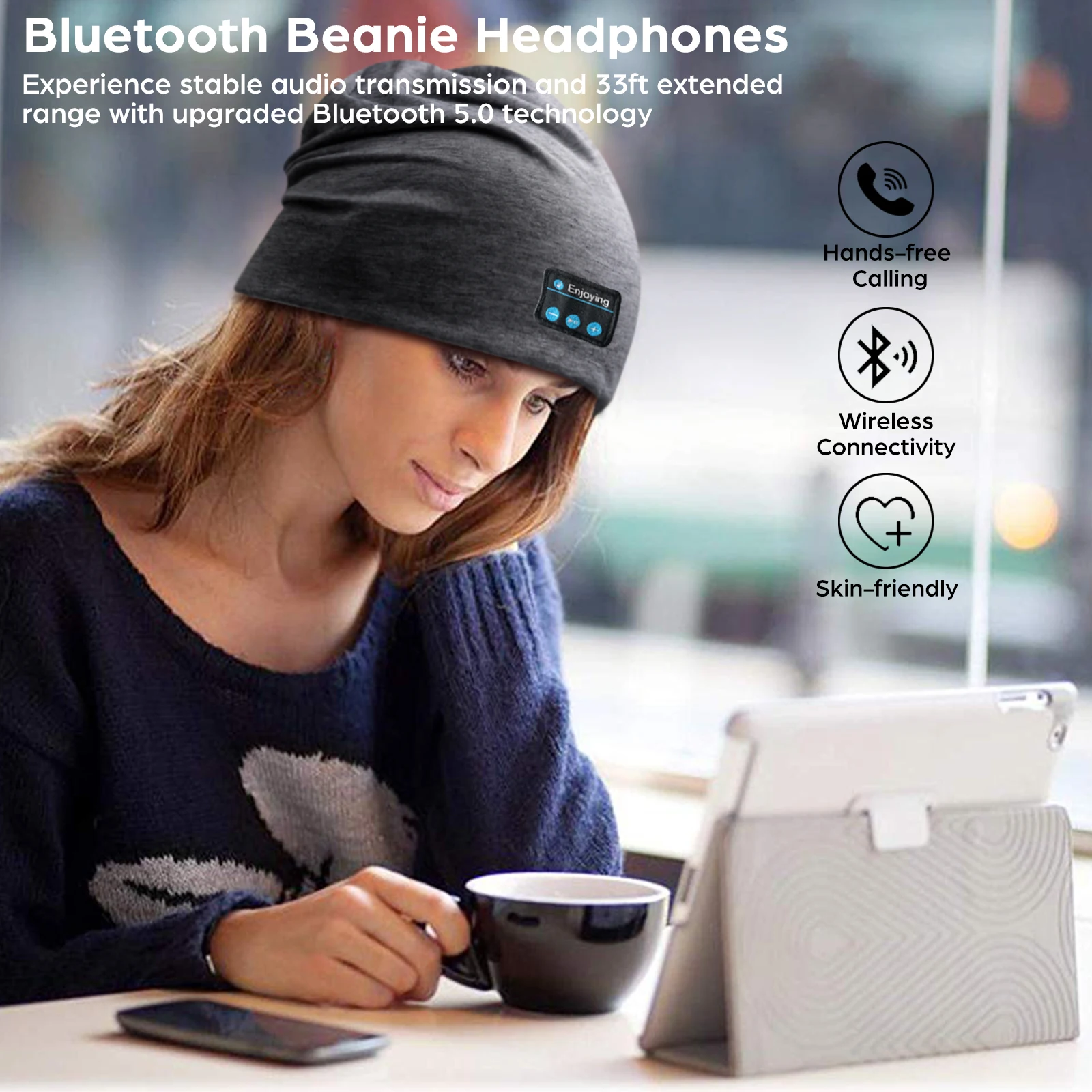 Bluetooth Headphone Wireless Smart Cap Headset Unisex Lightweight Running Beanie Music Earphone Hat Rechargeable Solid Color