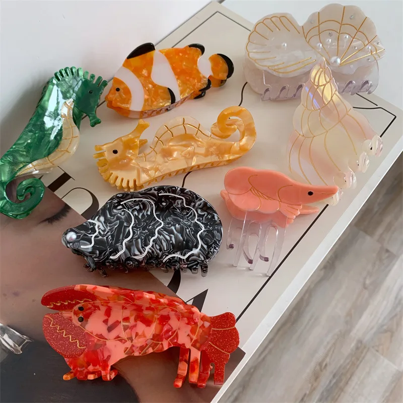 Cute Ocean Animals Hair Clip Crawfish Clownfish Seahorse Hair Claw Clips Gift For Women Funny Shell Hairpin Accessories Headwear nautical shower curtain anchor starfish lighthouse rudder lifebuoy shell coral ocean vintage theme bath curtains polyester hooks
