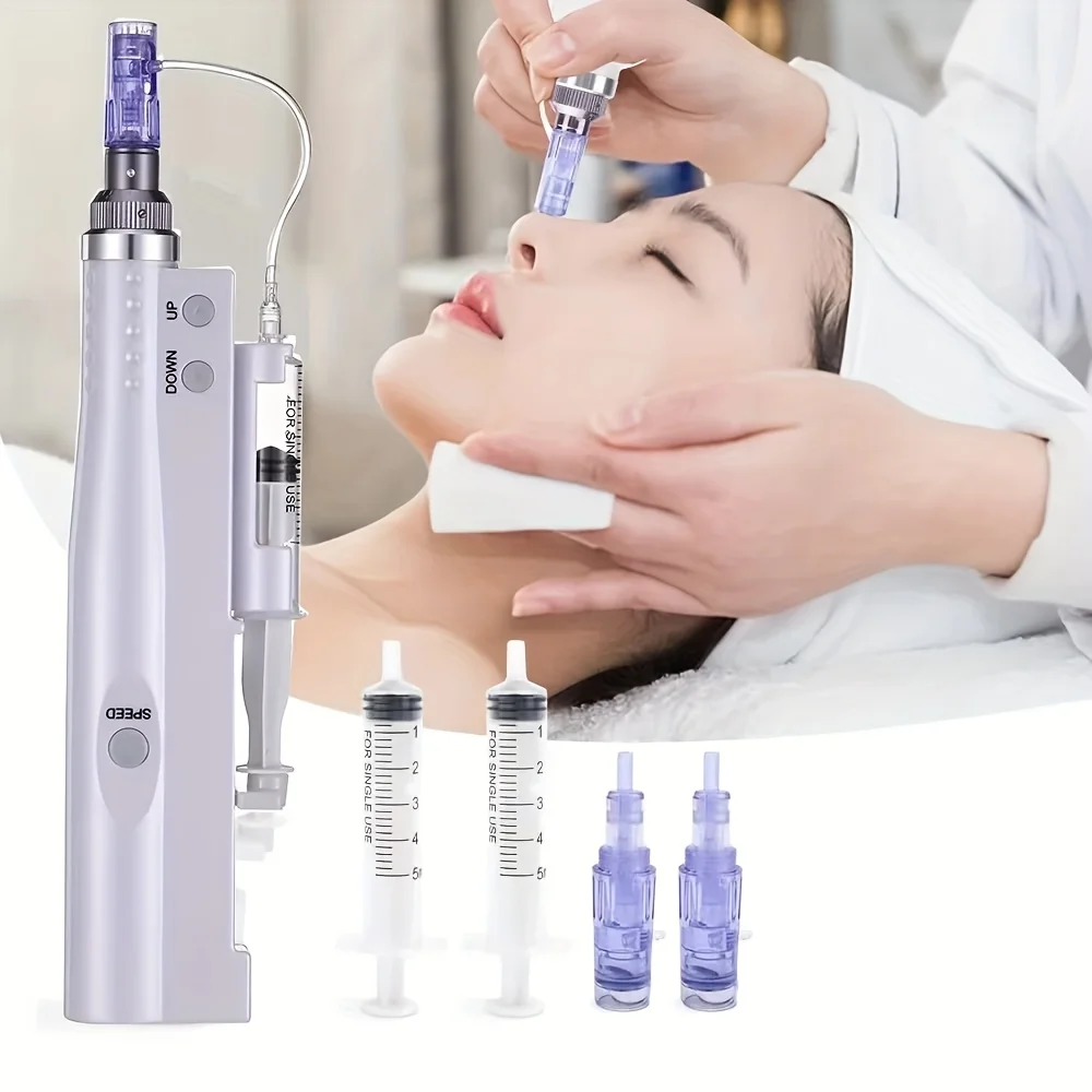 Nowy elektryczny mikronakłuwacz z 5 prędkościami regulacji Beauty Derma Pen do mikronakłuwania i pielęgnacji skóry z 2 okrągłymi igłami_voghion.com
