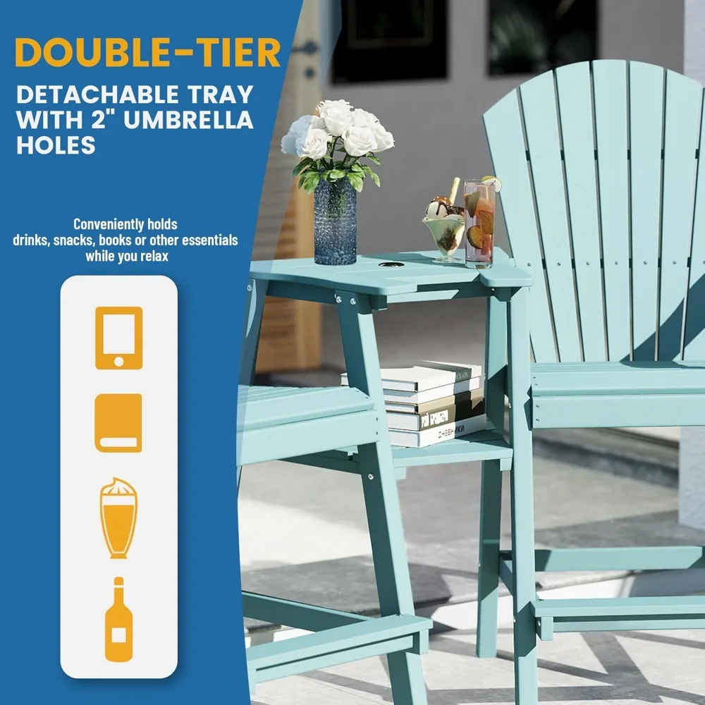 Tall Adirondack Chairs Set of 2,Recycled Poly Balcony Chair with Double Connecting Tray Patio Stools Weather Resistant 4