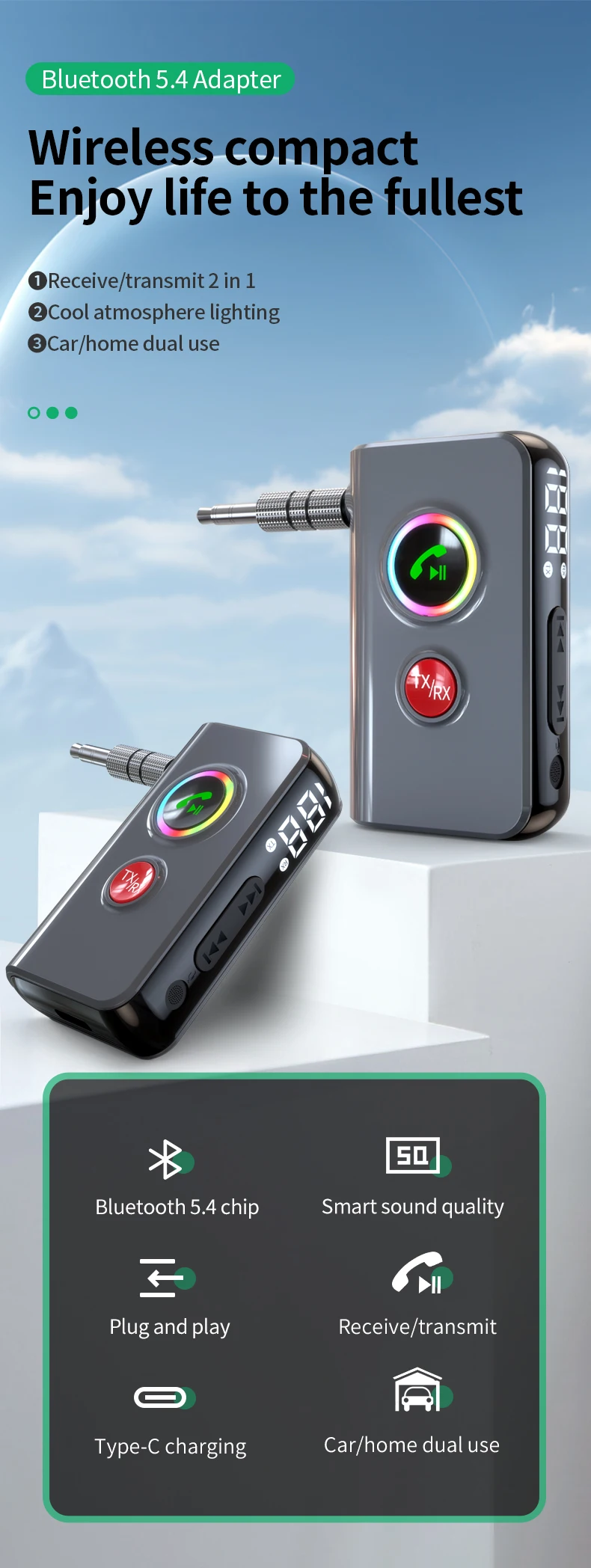 Bluetooth 5.4 Transmitter Receiver Wireless Audio Adapter with 3.5 mm AUX with L