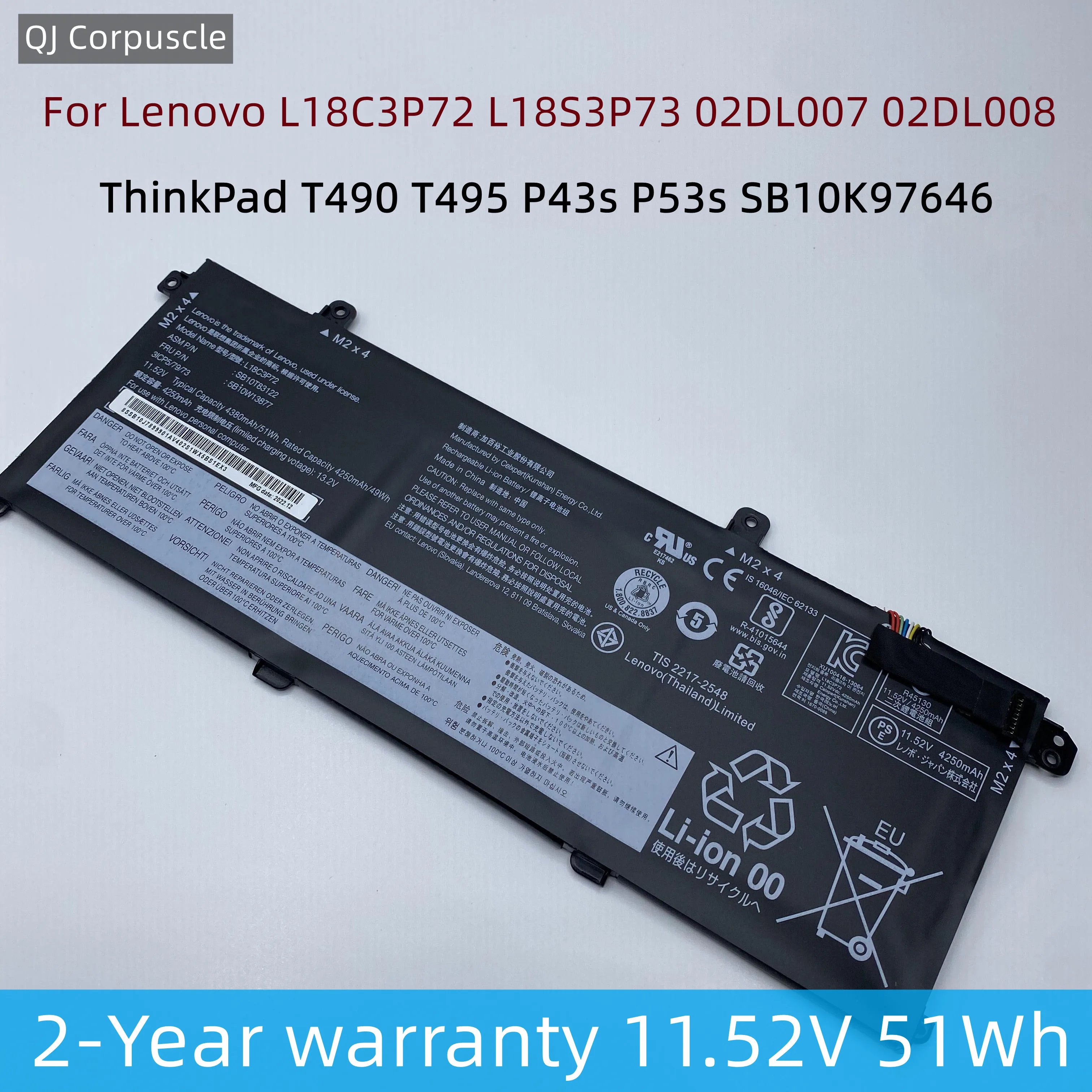 Bateria Original do Portátil para Lenovo Thinkpad Novo L18m3p73 L18l3p73 L18c3p72 L18m3p72 T490 T495 P43s 02dl007 Sb10t83122 5b10w13877
