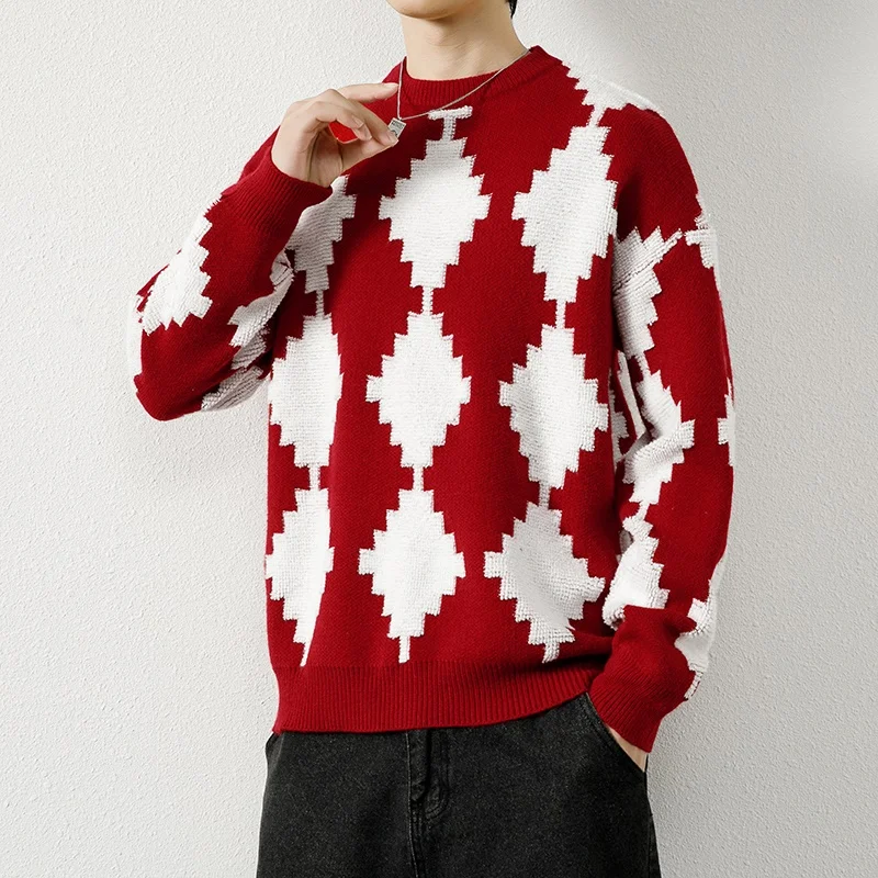 

Autumn and Winter New Fashion Trend Crewneck Plaid Sweater Men's Casual Loose Comfortable Thick Warm High Quality Knitwear 3XL-M