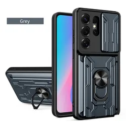 Heavy Duty Armor Mobile Phone Case with Slide Lens Protection and Card Slot Holder - Shockproof Cover for Galaxy S26 Plus (GRAY)