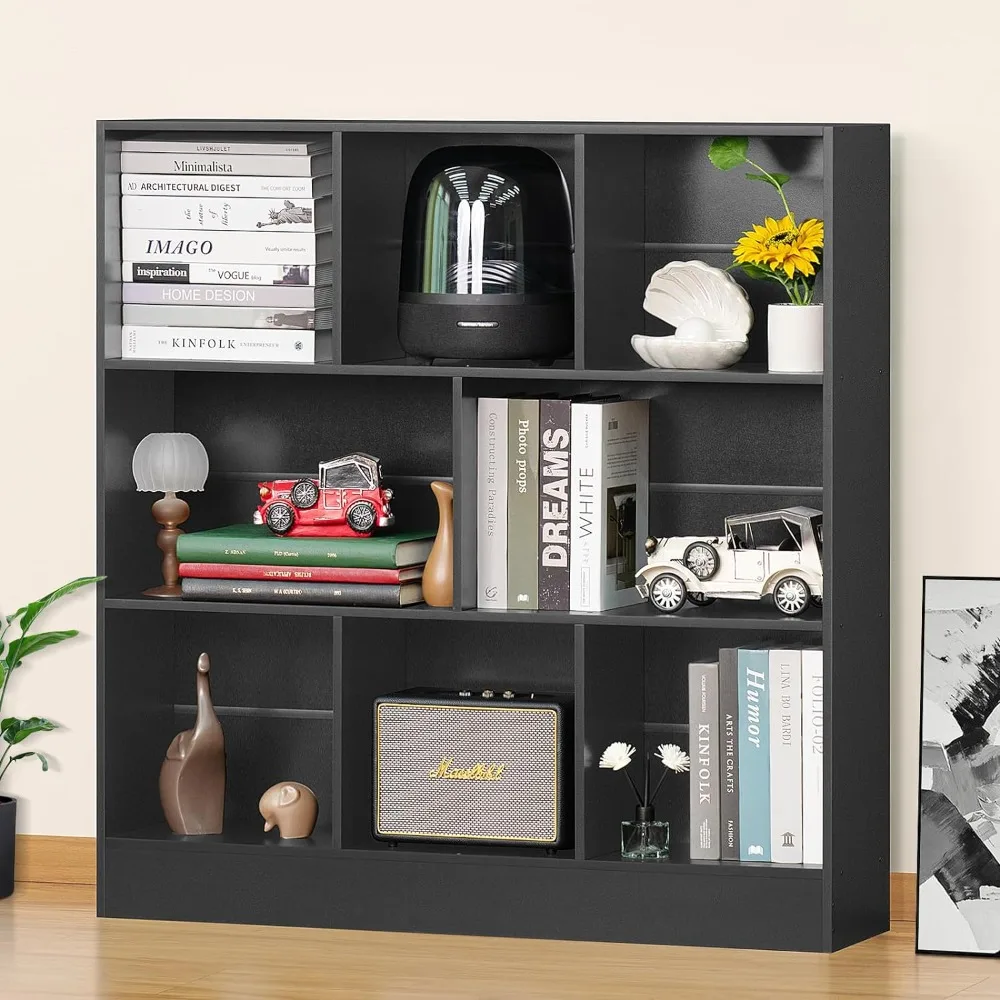 

3-tier Modern Horizontal Bookcase Wood Shelving Wooden Low Floor Standing 8 Cube Large Bookcase Organizer Bedroom With Base Room