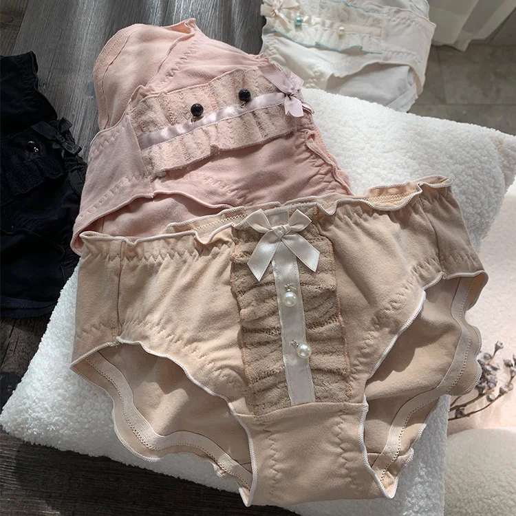 

Cotton crotch underpants beaded bow cute underwear retro girls panty women's mid-rise panties