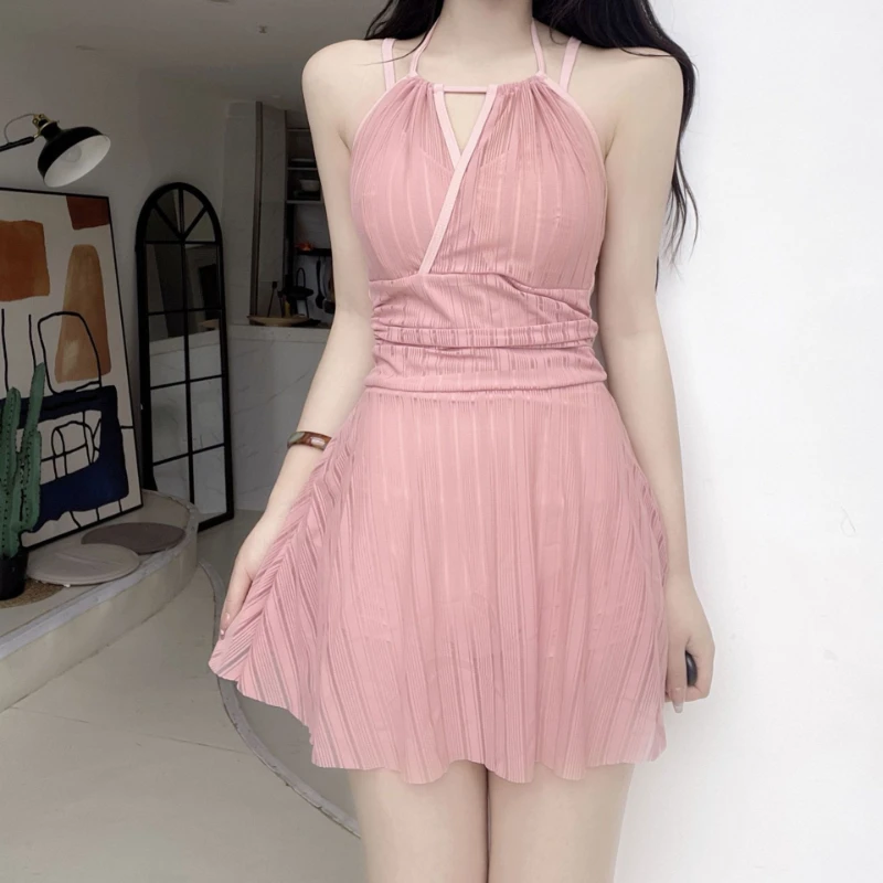 

Ins стиль сексуальный тонкий кружевной сетчатый купальник бикини с лямкой на шее Корейская нежность милый консервативный купальник Onsen цельные костюмы