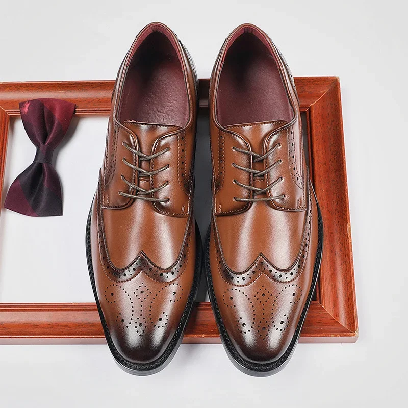 Men Height Increasing Leather Shoes Genuine Leather Brogue 6CM Increase Formal Dress Shoe Business Office Shoes