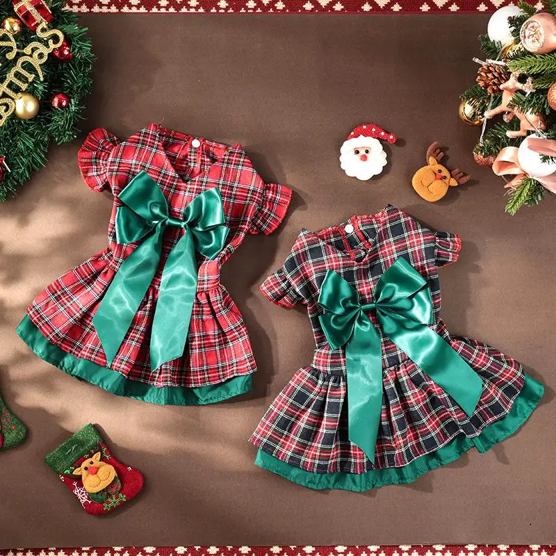 Christmas Plaid Dog Dress Classic Holiday Pet Outfit With Ruffle Sleeves, Festive Apparel For Small Dogs & Puppies Poodle Winter_voghion.com