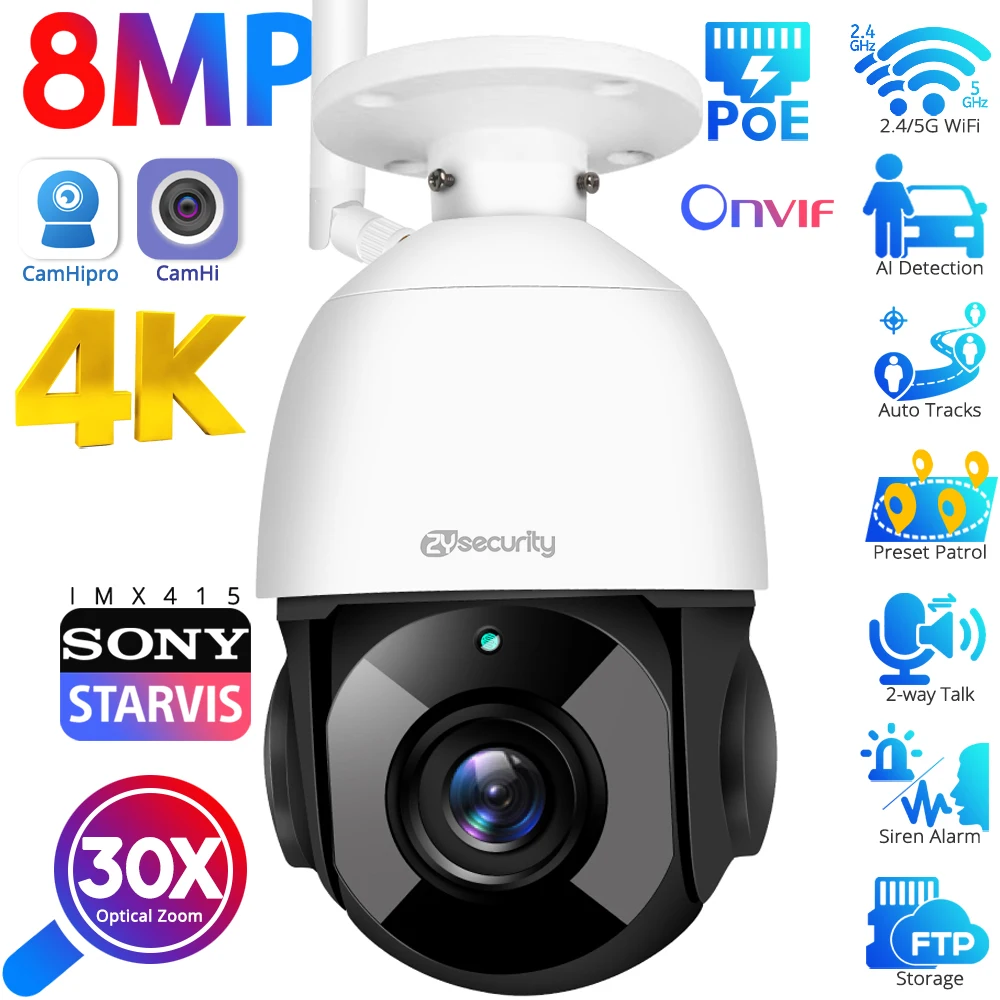 

4K 30X Optical Zoom Wifi PoE PTZ IP Camera Outdoor 8MP Auto Tracks Ceiling Speed Dome Camera CCTV AI Detect Surveillance Cameras