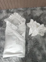 Luxury Soft Satin Wedding Fabric Infant Swaddle Blankets Soft Baby Girls Boys Stroller Wraps With Sash White Christening swaddle 2