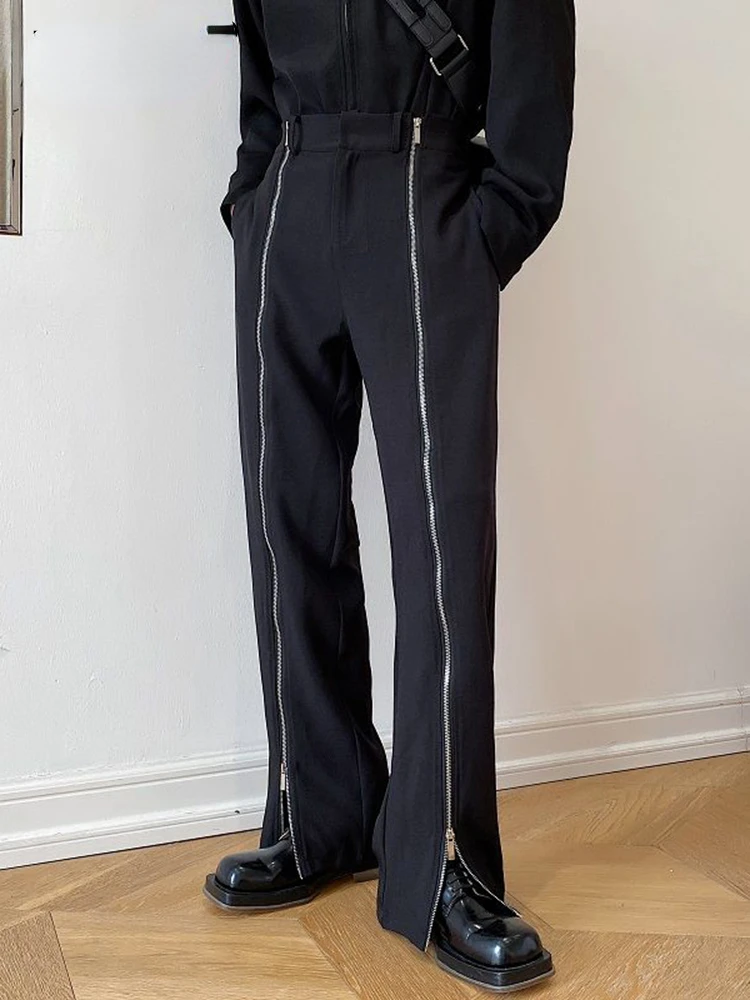 

Korean Zipper Design Trendy Men's Straight Pants 2023 New Slim Fit Mid-waist Casual Long Pants Chic Black Trousers 9A1152