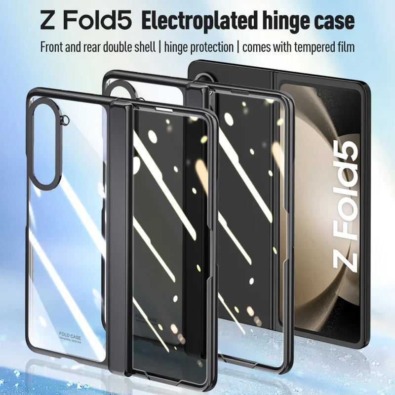 For Samsung Galaxy Z Fold 4 5 Case Electroplated Transparent With Tempered Film Folding Hinge Shockproof Protective Hard Cover