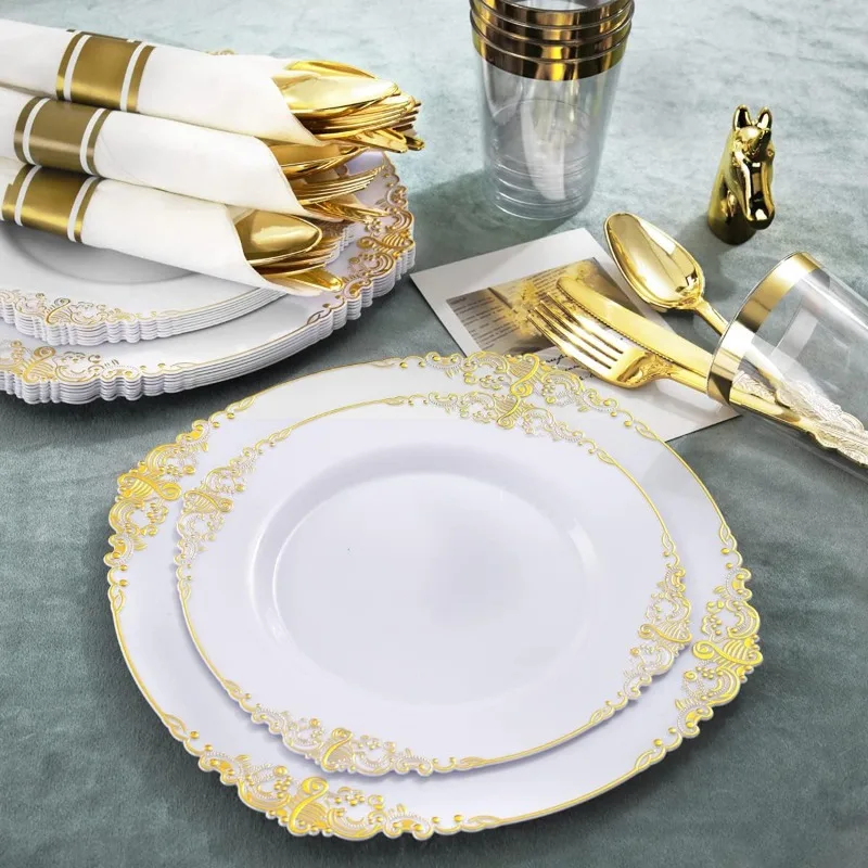Description Picture 4 of item350PCS White and Gold Plastic Plates - Gold Plastic Dinnerware Set with Pre Rolled Napkins
