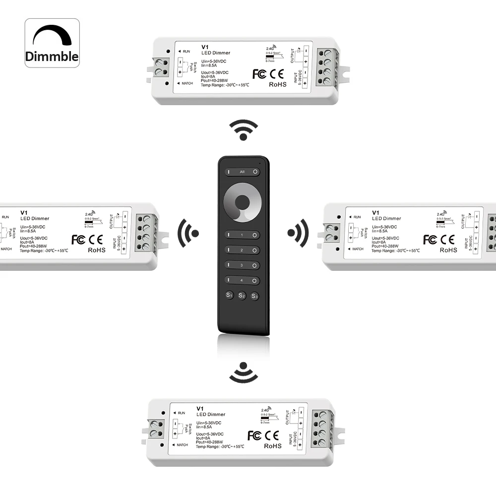 4Zone LED Dimmer 12V 24V 36V Single Color LED Strip Dimming Kit Wireless Wifi 2.4G RF Remote Control Push Switch Smart Dimmer Switch