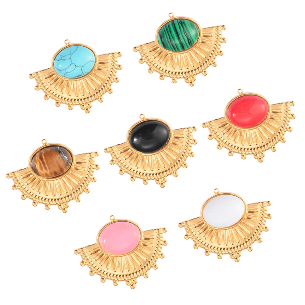 

2pcs Bohemian Fan Shape Stainless Steel Natural Stone Charms Pendants for DIY Jewelry Making Women Earring Necklace Supplies
