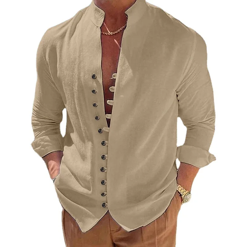 

COLDKER Spring Autumn Casual Shirt Loose Men's Solid Color Long Sleeve Shirt Button Shirts Vintage Big Size