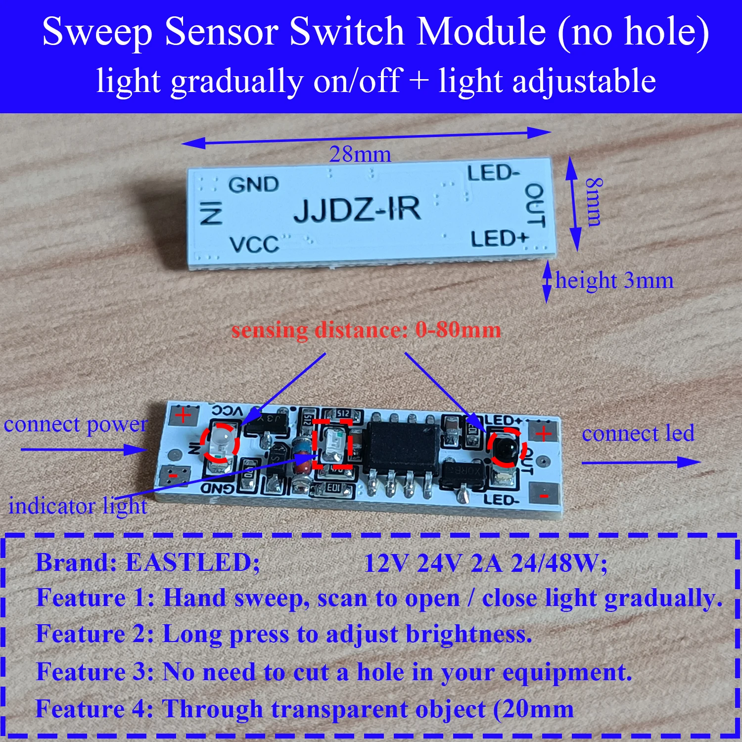 2A DC 12V 24V interruttore del sensore di spazzata manuale senza foro modulo di controllo dell'onda rilevatore di rilevamento dimmerabile per camera da letto dell'armadio con striscia luminosa a LED