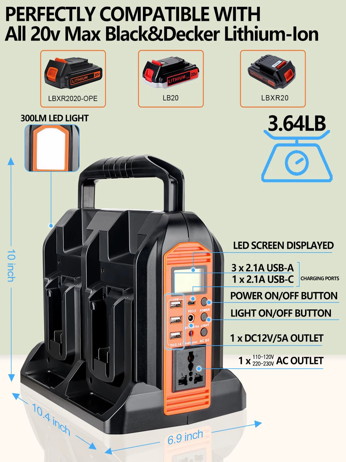 350W Power Inverter for Black+Decker 20V Battery DC 20V to AC 110-120V/220-230V