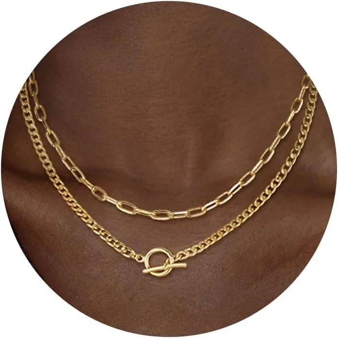 Gold Layered Necklace for Women K Gold Plated Necklace Women Cuban Link Paperclip Chain Toggle Clasp Necklace Jewelry for Women Gold Layered Necklace for Women K Gold Plated Necklace Women Cuban Link Paperclip Chain Toggle Clasp Necklace Jewelry for Women