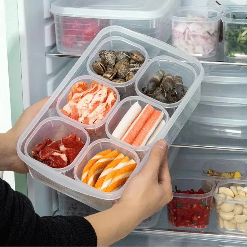 Food Storage Container 6 Grids Vegetable Fruit Fresh-keeping Box with Lid for Refrigerator Kitchen Spice Seasoning Storage Jar
