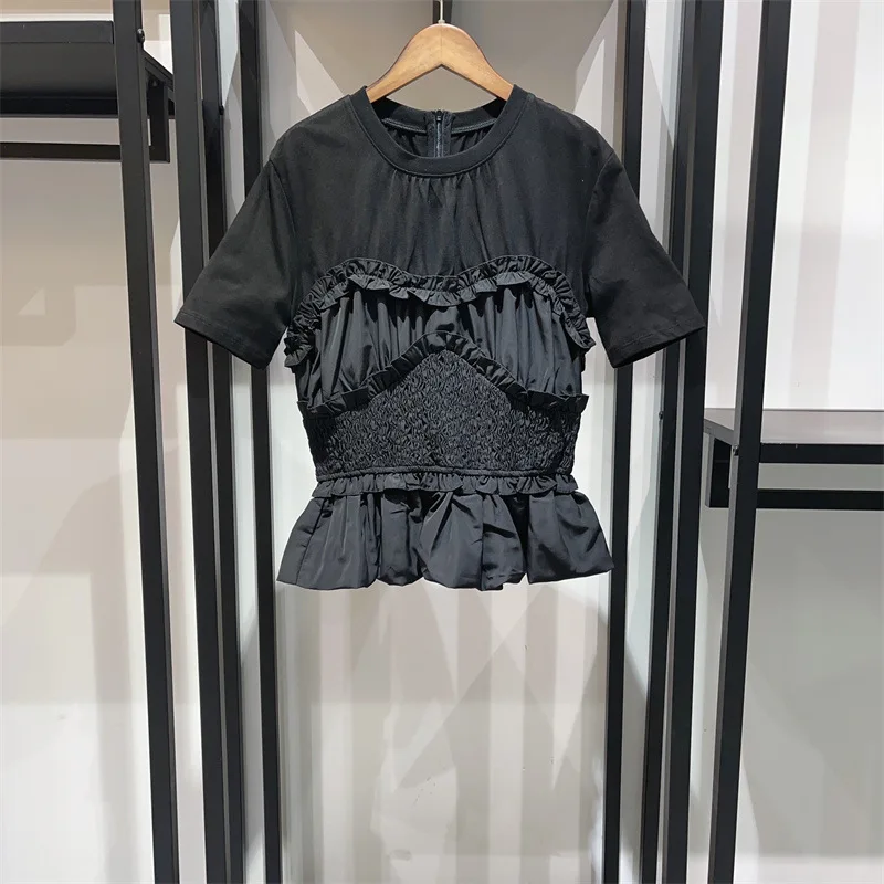 

Summer New Women Casual Suit Folded Ruffled Edges Waistband O-neck Short Sleeve Tops or Elastic Waist Skirt