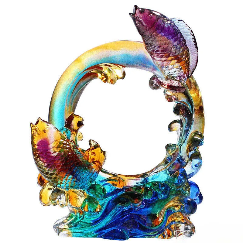 Chinese Liu Li Crystal Glass Jumping Carp Fish Statue Feng Shui Luck ...