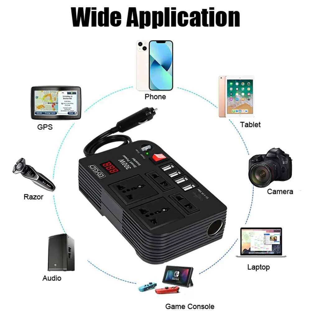 Overload Protection Car Inverter 4 AC Sockets 4 USB Ports ON OFF Switch Fuse 300W DC 12V to AC 220V Converter Power Adapter vehicle inverter car converter inverter car inverter car power converter power inverter