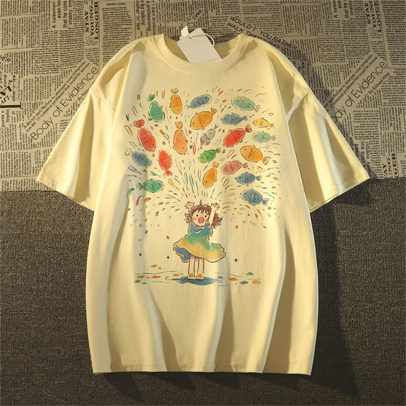 Fish Cute Girls Print Cotton Women T shirts Summer Oversize Japan Short Sleeve Breathable Casual Women's T-shirt Tops Tee Y2k 5