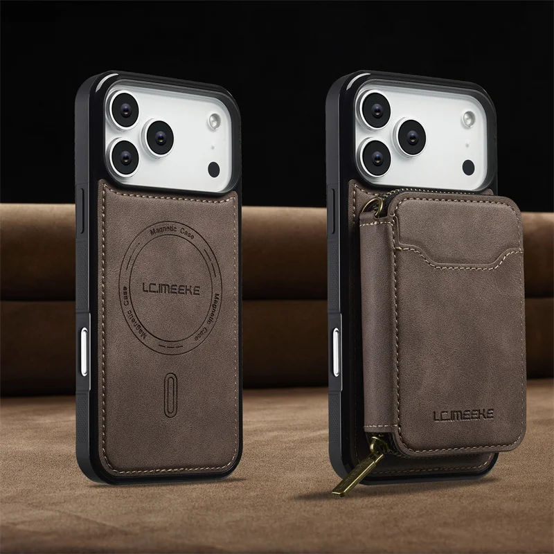 Magnetic Dual-Function Leather Wallet Phone Case with Zipper Card Holder